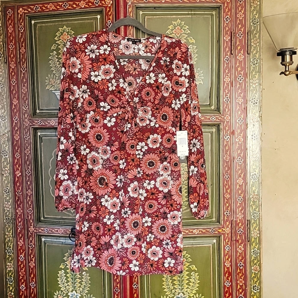 NWT AS U WISH dress. Size Med. Burgundy and creamish/pink floral.